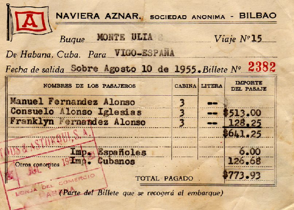 Passenger ticket for Monte Ulia - Collection F. Fernndez Alvarez